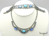 Vintage Blue Rhinestone and Scarab Necklace and Earring Set