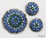 Vintage Blue and Green Rhinestone Brooch and Earrings Set