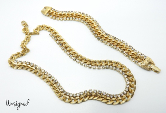 Vintage Gold Tone and Crystal Rhinestone Necklace and Bracelet Set