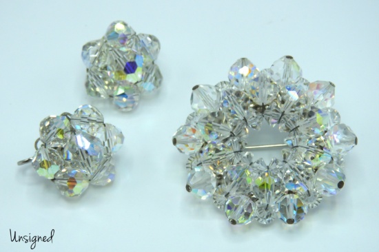 Vintage Crystal Bead Brooch and Earring Set
