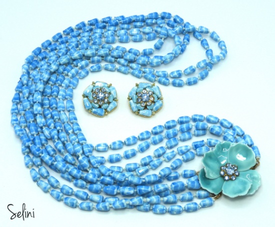Vintage Selini Blue Multi-Strand and Flower Necklace and Earring Set