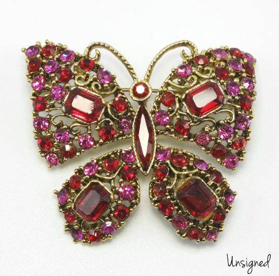 Vintage Red and Pink Rhinestone Butterfly