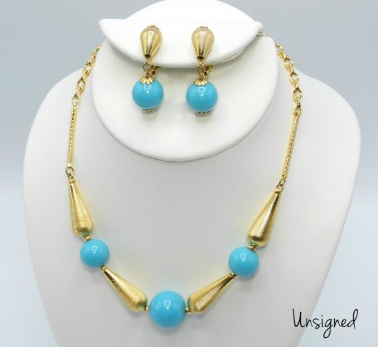 Vintage Turquoise Bead and Gold Tone Necklace and Earring Set
