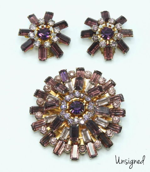 Vintage Two-Tone Purple Rhinestone Brooch and Earring Set