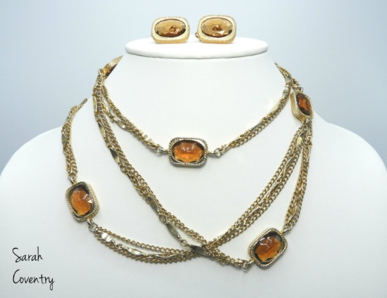 Vintage Sarah Coventry Gold Tone and Amber Bead Necklace