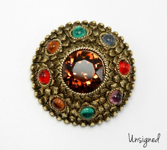 Vintage Bronze Tone and Cabochon Stone Brooch