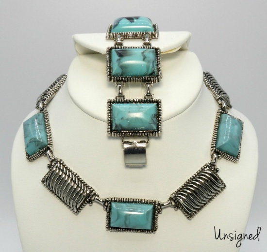 Vintage Silver Tone and Faux Turquoise Chunky Necklace and Bracelet Set