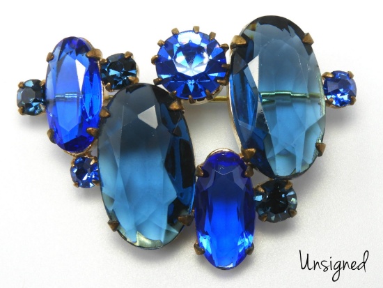 Vintage Asymetrical Blue Rhinestone Brooch