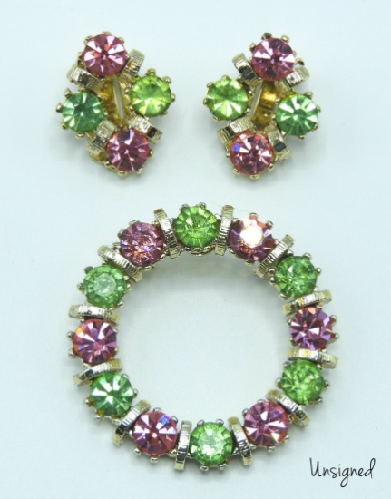 Vintage Green and Pink Rhinestone Brooch and Earring Set