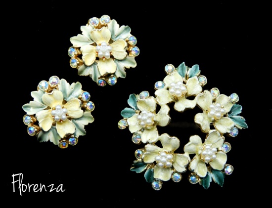 Vintage Florenza Enameled Floral Brooch and Earrings Set