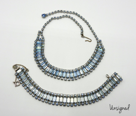 Vintage Blue Baguette Rhinestone Choker and Bracelet set