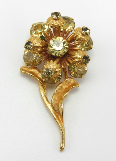 Vintage Gold Tone and Jonquil Rhinestone Flower Brooch