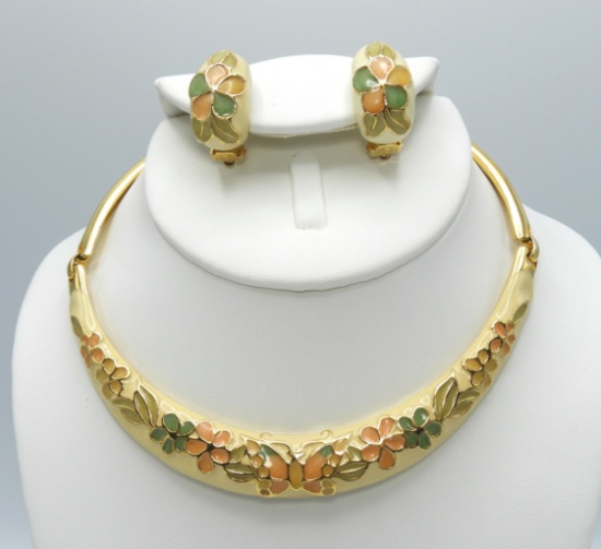 Vintage 1960s Enameled Necklace and Earring Set