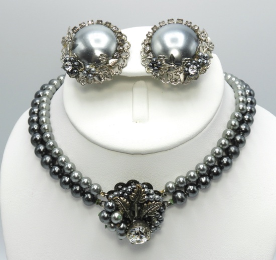 Vintage Grey Faux Pearl Choker and Earring Set