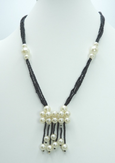 Vintage Seed and Pearl Bead Flapper Necklace