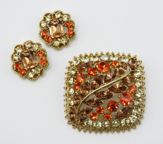 Vintage Hyacinth and Champagne Rhinestone Brooch and Earring Set