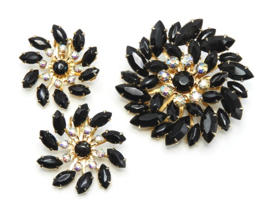 Vintage Black Navette Rhinestone Brooch and Earring Set