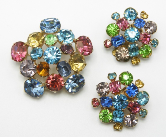 Vintage Pastel Rhinestone Brooch and Earring Set