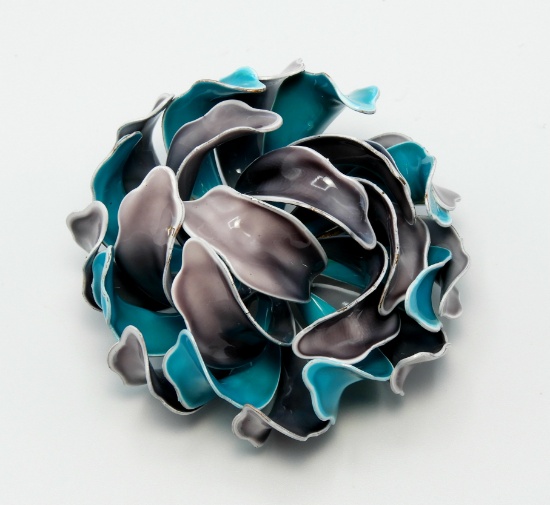 Vintage Grey and Turquoise Flower Brooch