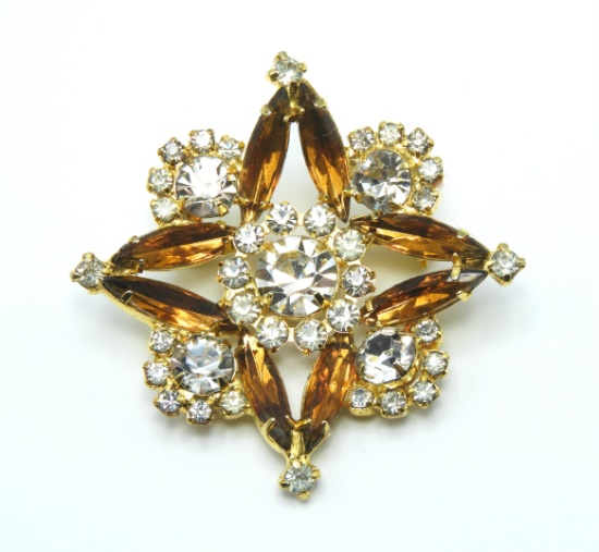 Vintage Clear and Amber Rhinestone Brooch