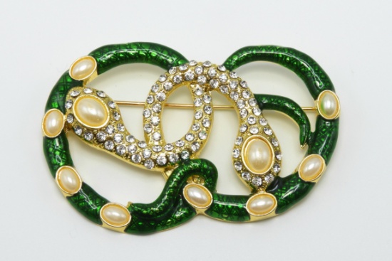 Enamel and Faux Pearl Serpent Brooch