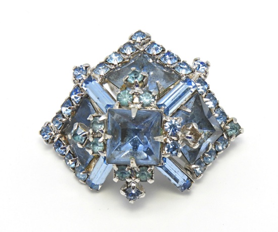 Vintage Diamond Shaped Blue Rhinestone Brooch