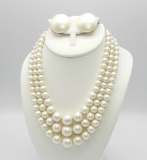 Vintage White Pearl Bead Necklace and Earrings