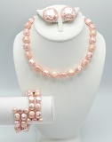 Vintage Pink Pearl Bead Necklace, Bracelet and Earring Set