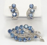 Vintage Eisenberg Clear and Pale Blue Brooch and Earring Set