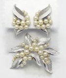 Vintage Trifari Silver Tone and Pearl Bead Brooch and Earring Set