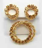 Vintage Amber Rhinestone Circle Brooch and Earring Set