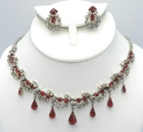 Vintage Clear Rhinestone Necklace and Earrings With Ruby Red Tear Drops