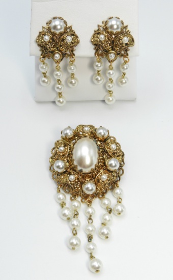 Vintage German Pearl Dangle Brooch and Earring Set