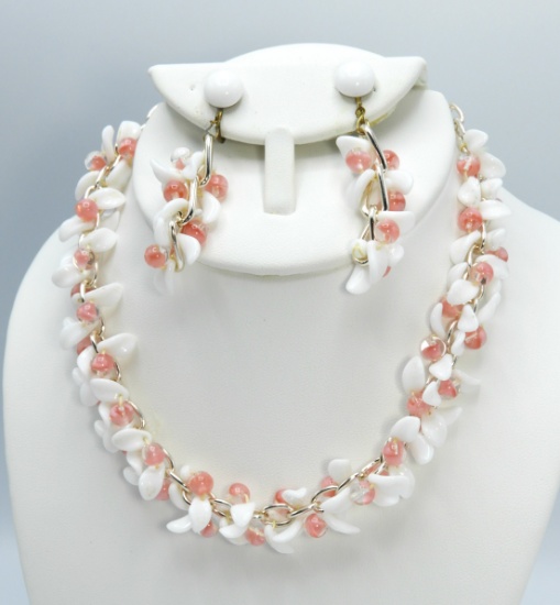 Vintage German Milk Glass Dangle Necklace and Earring Set
