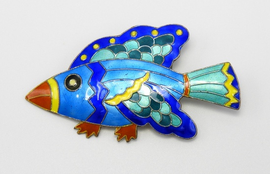 Vintage Sterling Silver Enameled Fish Brooch