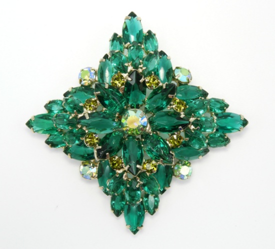 Vintage Open Back Green Rhinestone Brooch