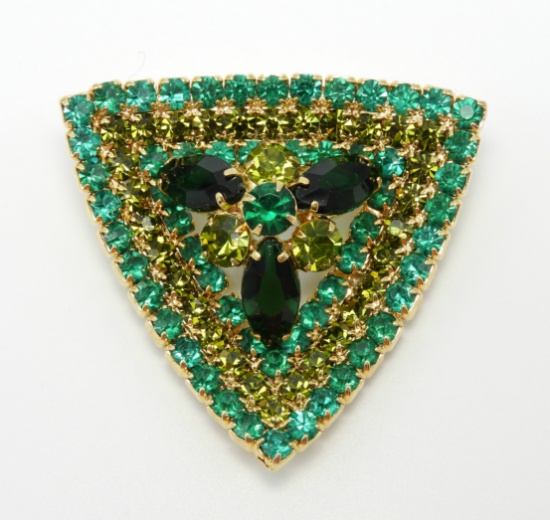 Vintage Green Rhinestone Triangle Brooch