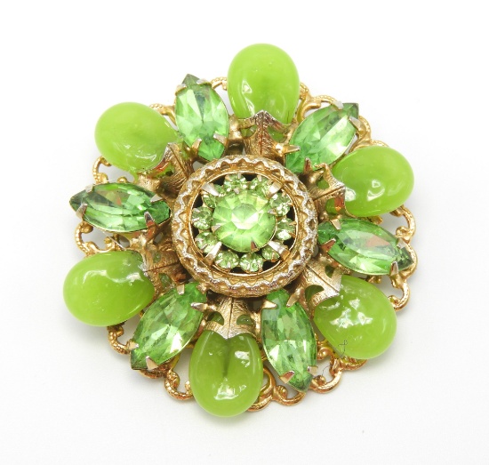 Vintage Green Rhinestone and Glass Brooch