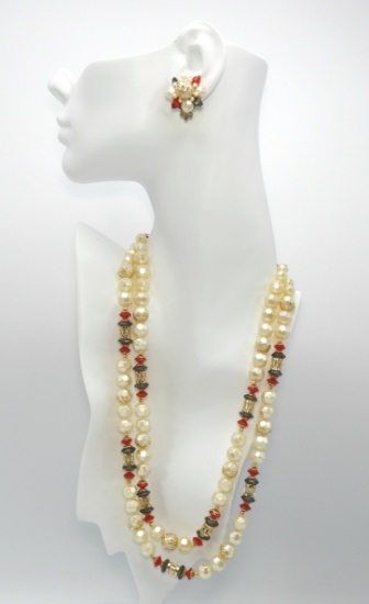 Vintage Pearl Bead Necklace and Earring Set