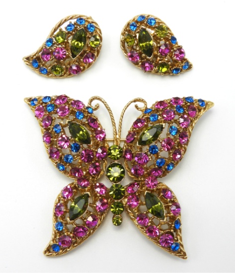 Vintage Rhinestone Butterfly Brooch and Earring Set