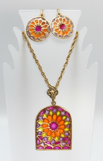 Vintage Stained Glass Necklace and Earring Set