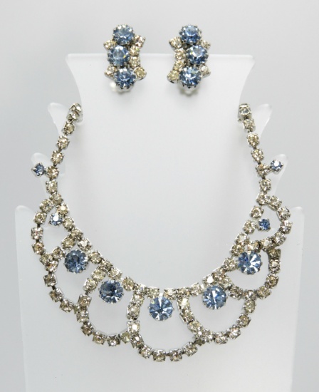 Vintage Crystal and Blue Rhinestone Necklace and Earring Set