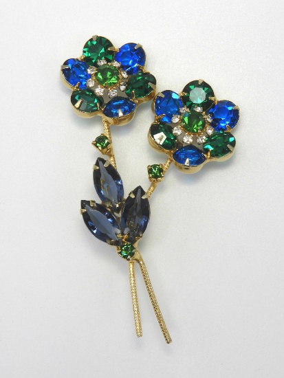 Vintage Green and Blue Rhinestone Flower Brooch