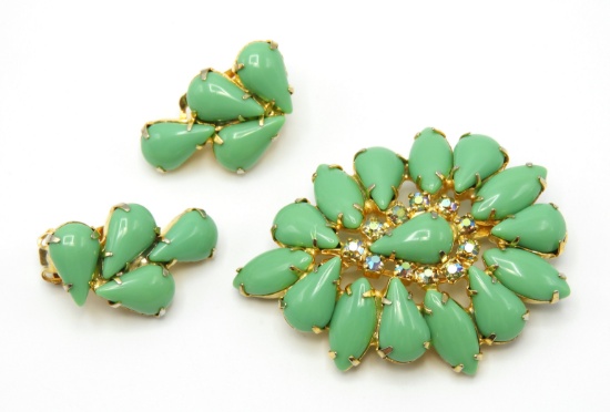 Vintage Mint Green Milk Glass Brooch and Earring Set