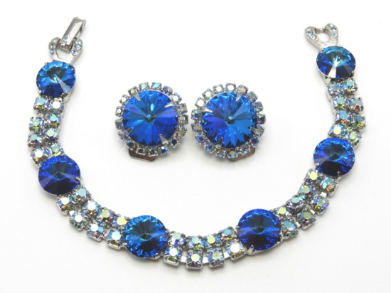Vintage Bermuda Blue Rivoli Bracelet and Earring Set