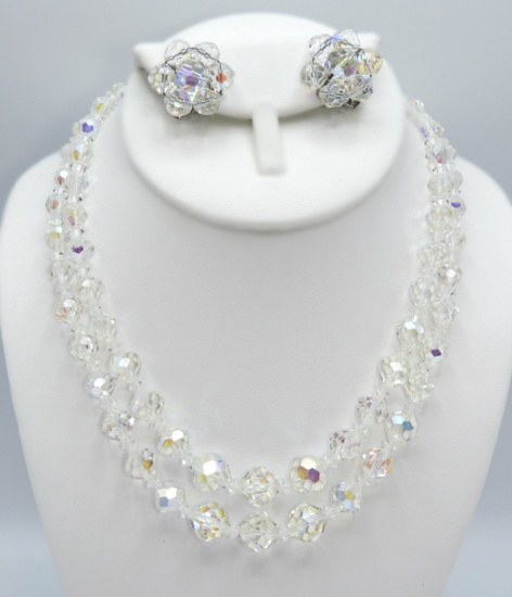 Vintage Double Strand Crystal Necklace and Earrings