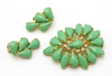 Vintage Mint Green Milk Glass Brooch and Earring Set