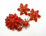 Vintage Red Milk Glass Brooch and Earring Set