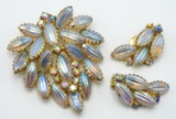 Vintage Iridescent Ribbed Stone Brooch and Earring Set