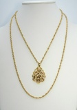 Vintage Trifari Gold Tone Two Chain Pendant Necklace